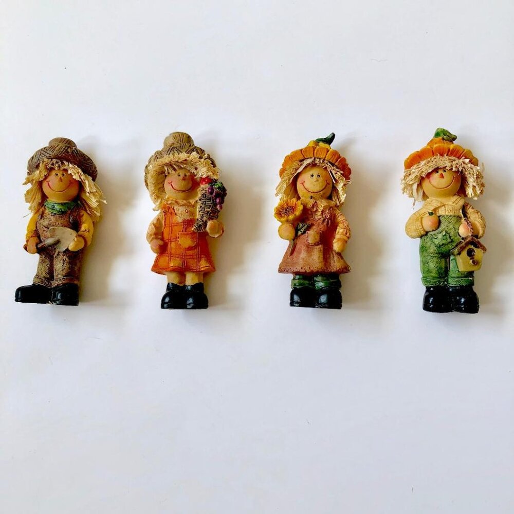 Whimsical Resin Scarecrows, Set of 4 (2 male, 2 female) Fall Colors appx 3"Hx1"W